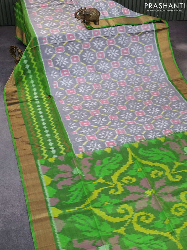 Ikat soft silk saree grey and green with allover ikat weaves and zari woven border