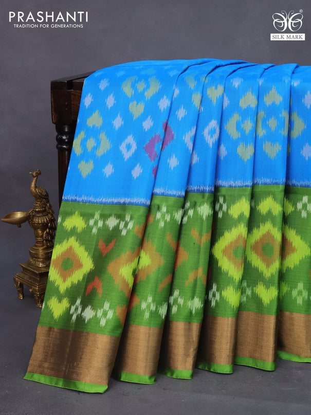 Ikat soft silk saree cs blue and light green with allover ikat weaves and zari woven border