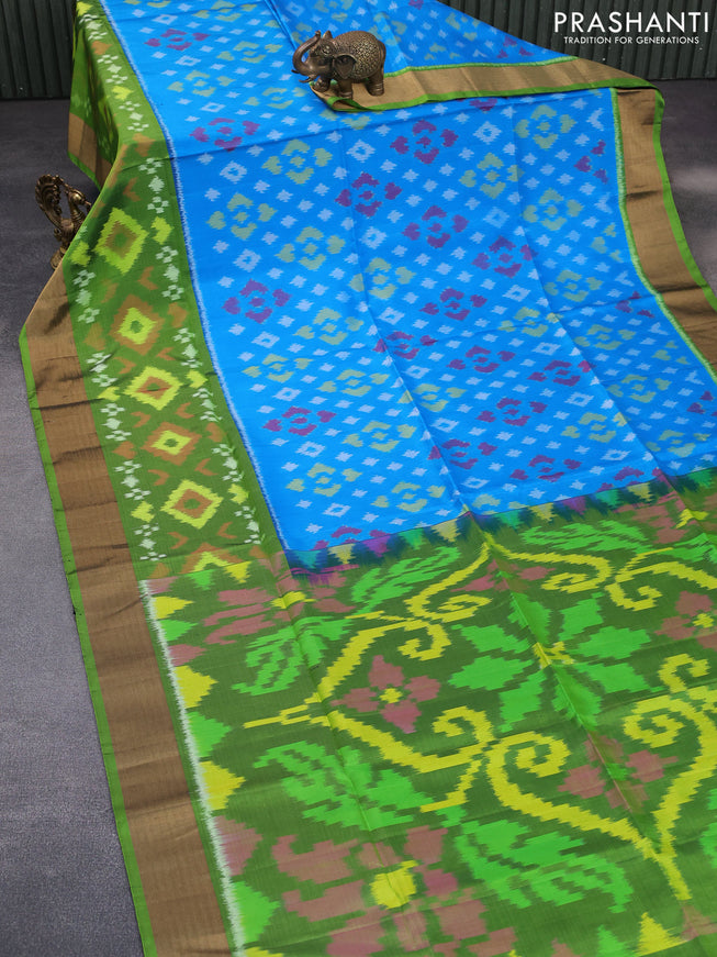 Ikat soft silk saree cs blue and light green with allover ikat weaves and zari woven border