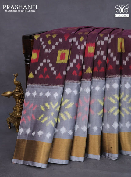 Ikat soft silk saree brown and grey with allover ikat weaves and zari woven border