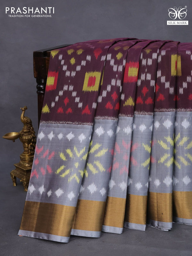 Ikat soft silk saree brown and grey with allover ikat weaves and zari woven border