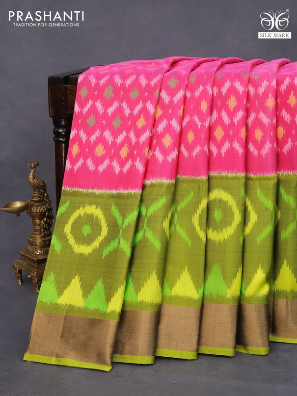 Ikat soft silk saree pink and lime green with allover ikat weaves and zari woven border