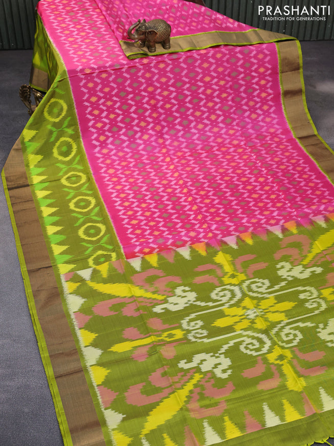 Ikat soft silk saree pink and lime green with allover ikat weaves and zari woven border