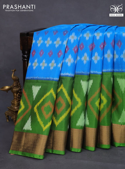 Ikat soft silk saree cs blue and green with allover ikat weaves and zari woven border