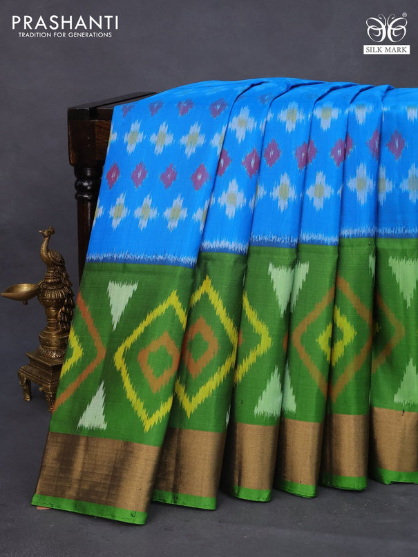 Ikat soft silk saree cs blue and green with allover ikat weaves and zari woven border