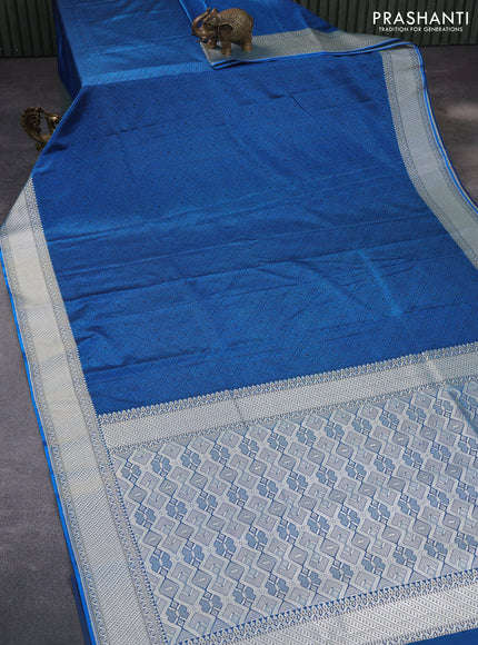 Mushru silk saree cs blue with allover self emboss and rich zari woven border