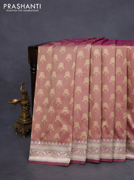 Mushru silk saree dual shade of purple with allover self emboss buttas and rich zari woven border