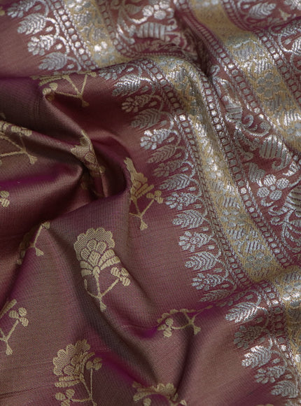 Mushru silk saree dual shade of purple with allover self emboss buttas and rich zari woven border