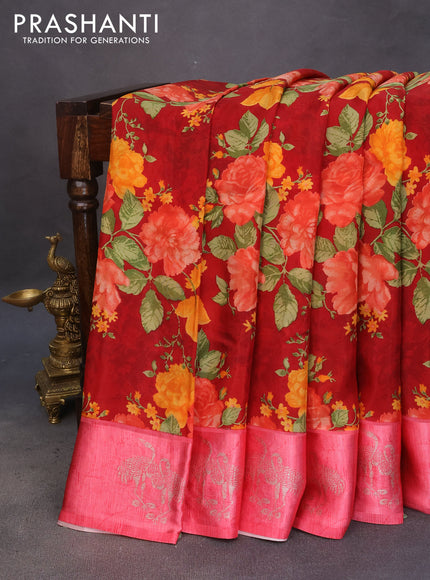 Semi mysore silk saree maroon and peach pink with allover floral prints and zari woven butta border