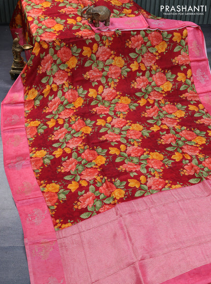 Semi mysore silk saree maroon and peach pink with allover floral prints and zari woven butta border