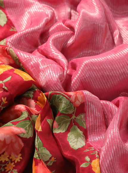 Semi mysore silk saree maroon and peach pink with allover floral prints and zari woven butta border