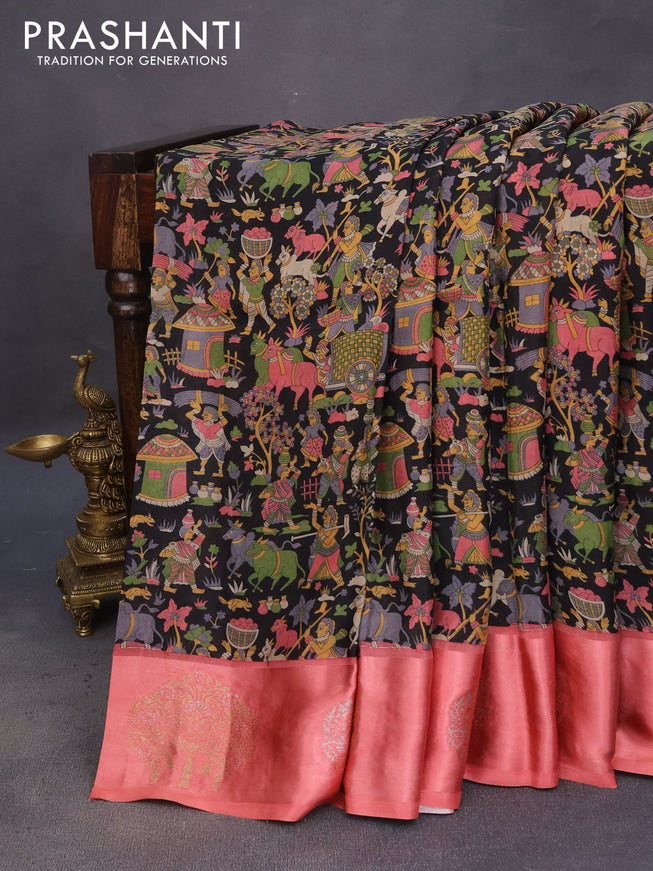 Semi mysore silk saree black and peach pink with allover kalamkari prints and zari woven butta border