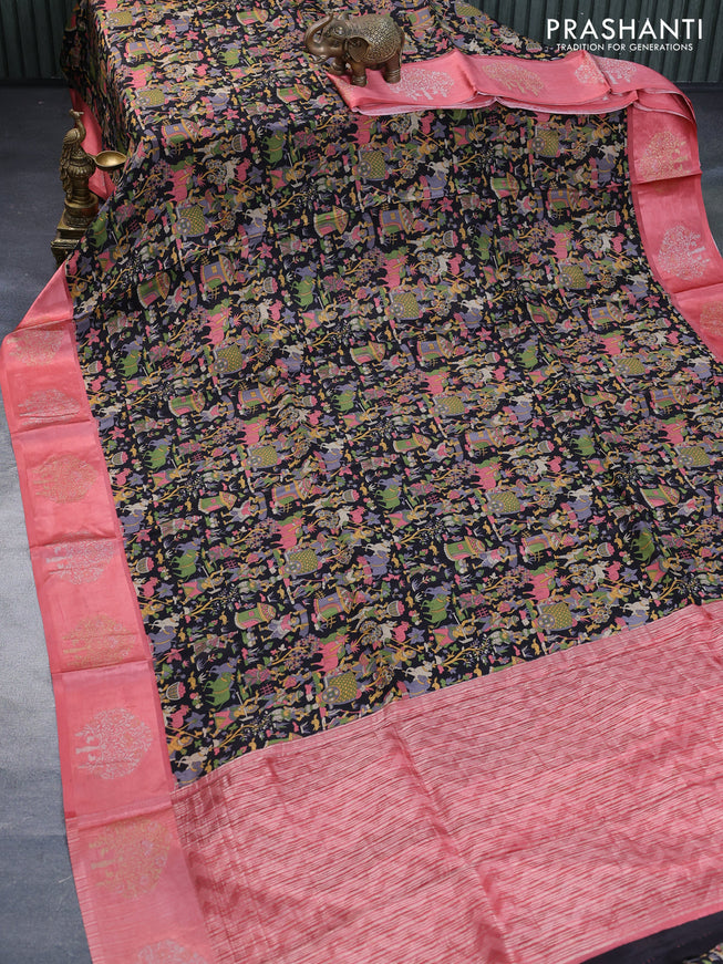 Semi mysore silk saree black and peach pink with allover kalamkari prints and zari woven butta border