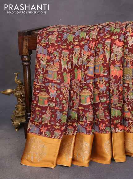 Semi mysore silk saree maroon and mustard yellow with allover kalamkari prints and zari woven butta border