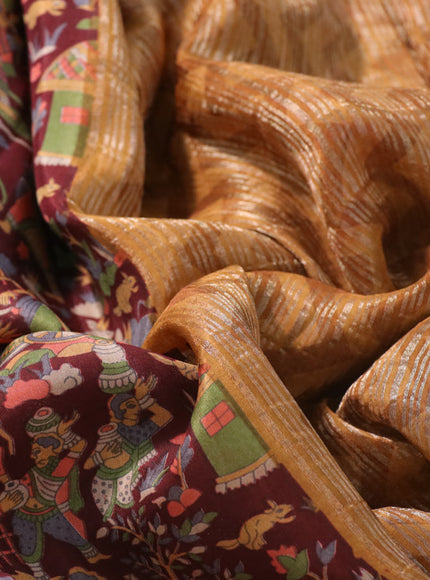 Semi mysore silk saree maroon and mustard yellow with allover kalamkari prints and zari woven butta border