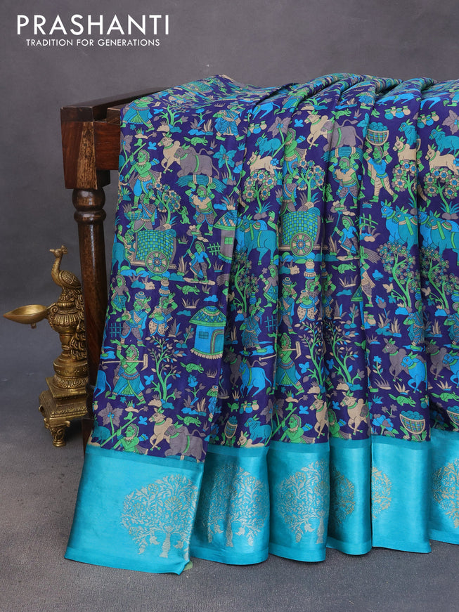 Semi mysore silk saree blue and cs blue with allover kalamkari prints and zari woven butta border