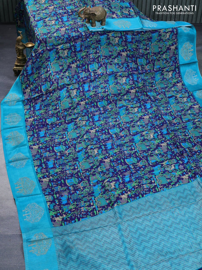 Semi mysore silk saree blue and cs blue with allover kalamkari prints and zari woven butta border