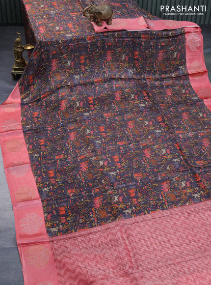 Semi mysore silk saree grey and peach pink with allover kalamkari prints and zari woven butta border