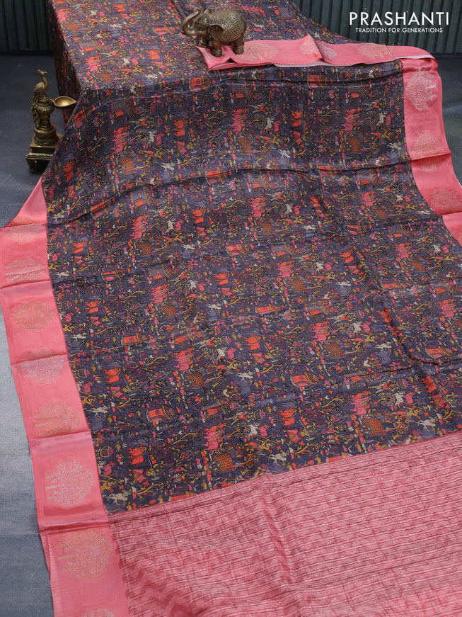 Semi mysore silk saree grey and peach pink with allover kalamkari prints and zari woven butta border