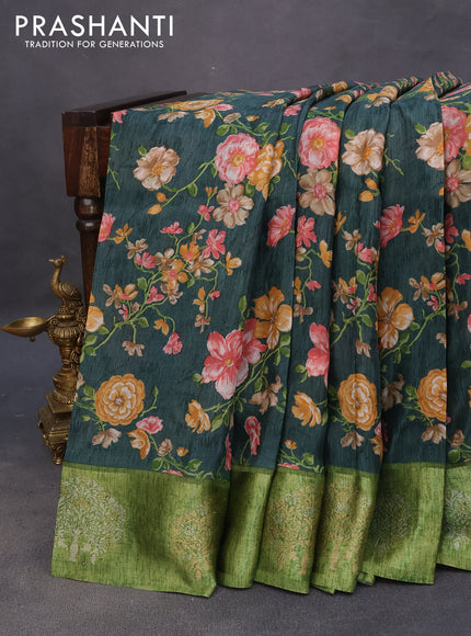 Semi mysore silk saree green shade and light green with allover floral prints and zari woven butta border