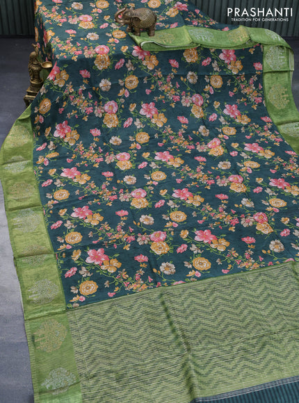 Semi mysore silk saree green shade and light green with allover floral prints and zari woven butta border