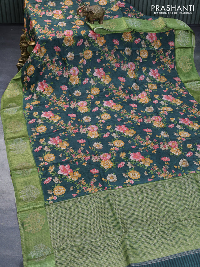 Semi mysore silk saree green shade and light green with allover floral prints and zari woven butta border