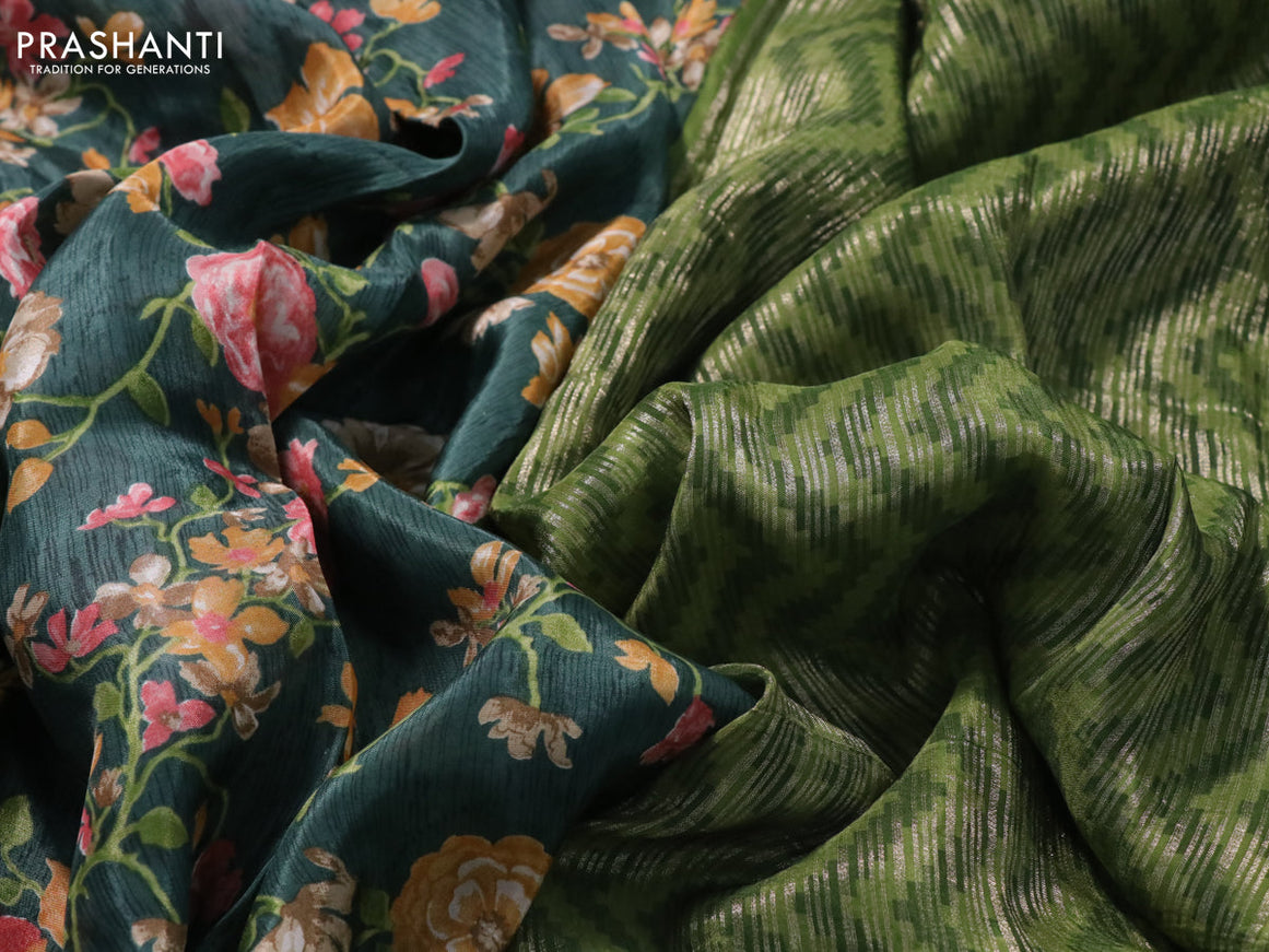 Semi mysore silk saree green shade and light green with allover floral prints and zari woven butta border