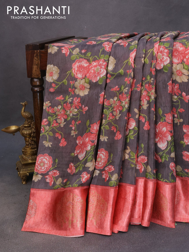 Semi mysore silk saree grey and peach shade with allover floral prints and zari woven butta border