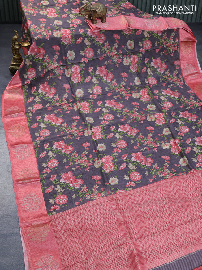 Semi mysore silk saree grey and peach shade with allover floral prints and zari woven butta border