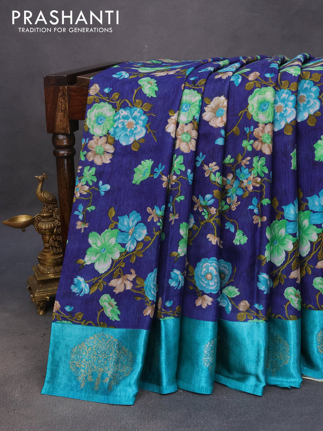 Semi mysore silk saree blue and teal blue with allover floral prints and zari woven butta border