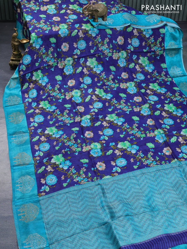 Semi mysore silk saree blue and teal blue with allover floral prints and zari woven butta border