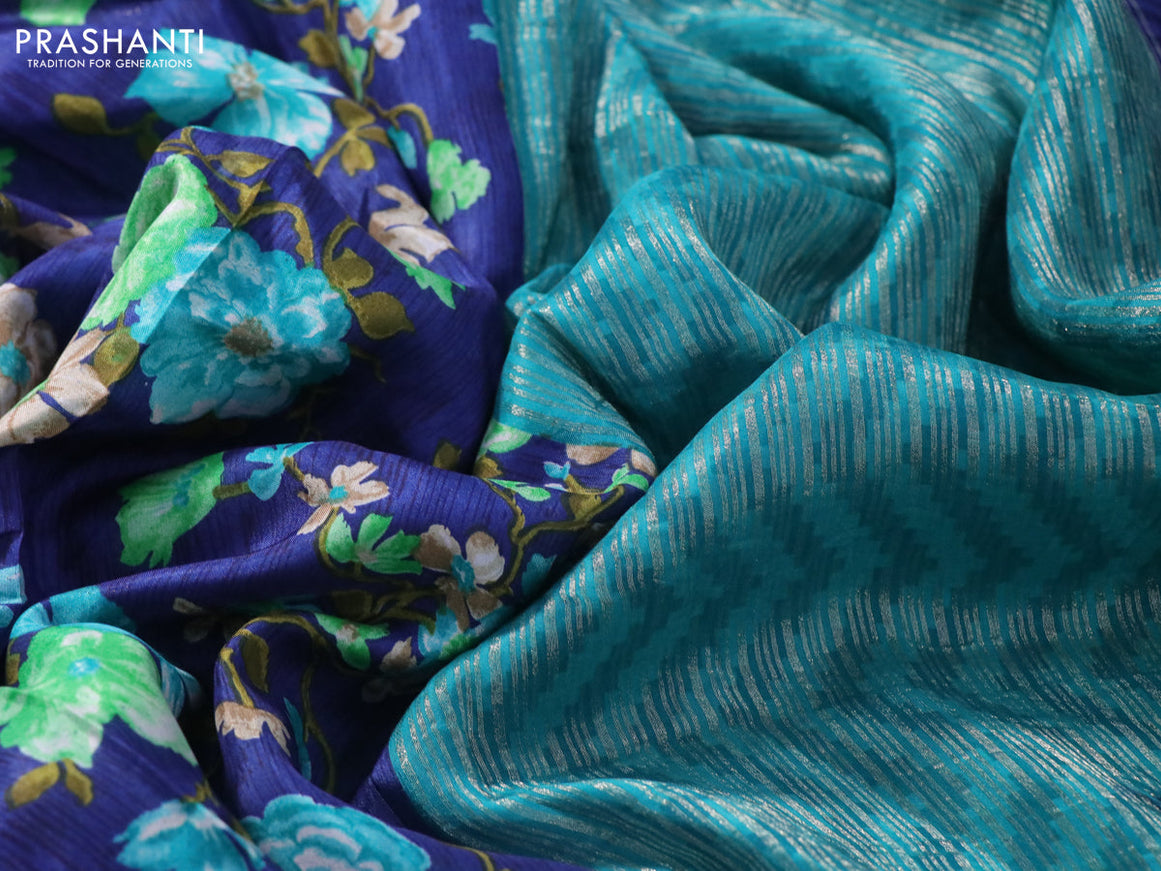 Semi mysore silk saree blue and teal blue with allover floral prints and zari woven butta border