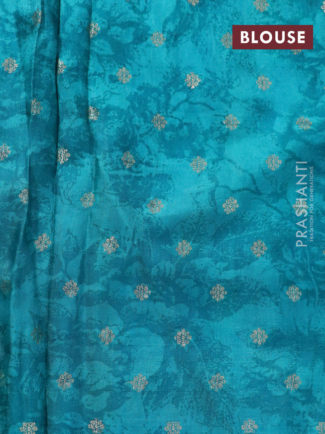 Semi mysore silk saree blue and teal blue with allover floral prints and zari woven butta border