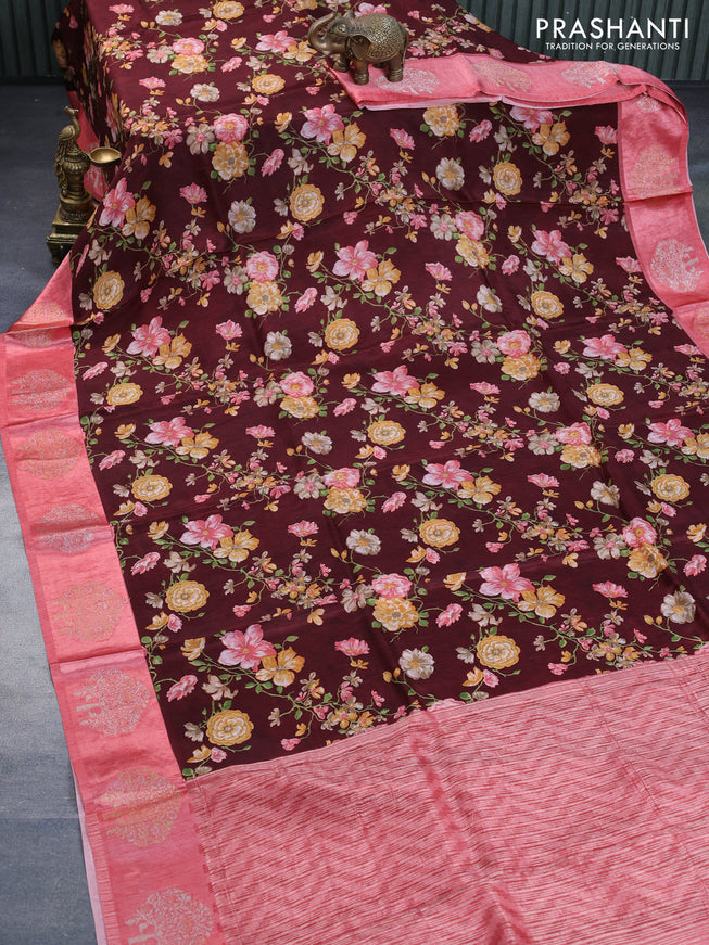 Semi mysore silk saree deep maroon and peach shade with allover floral prints and zari woven butta border