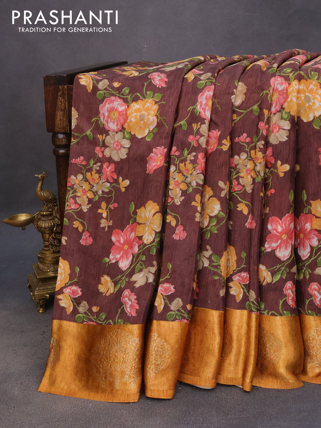 Semi mysore silk saree brown and mustard yellow with allover floral prints and zari woven butta border