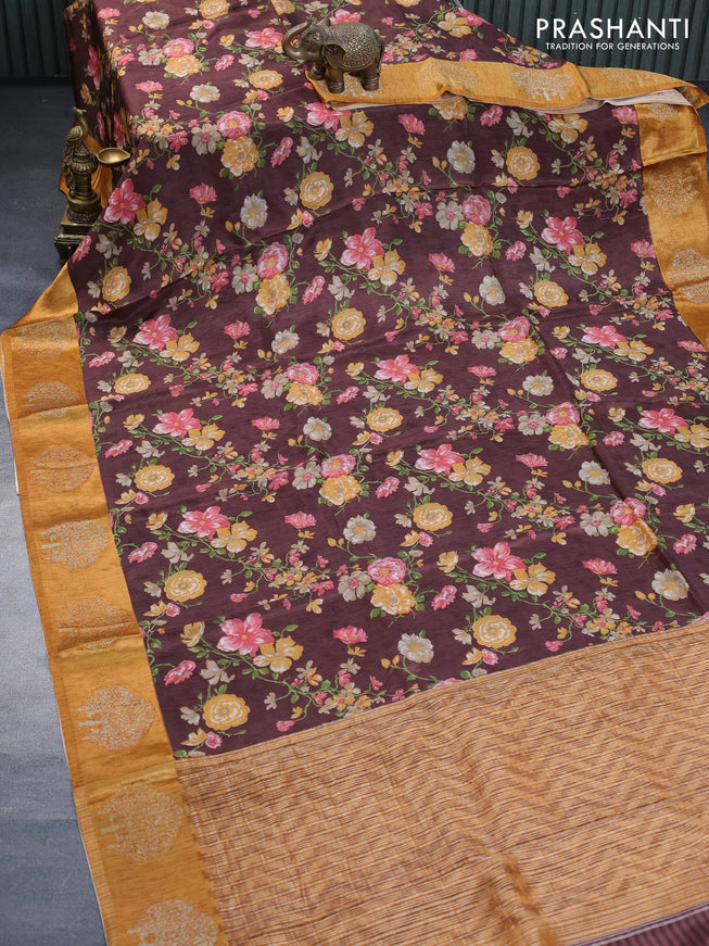 Semi mysore silk saree brown and mustard yellow with allover floral prints and zari woven butta border