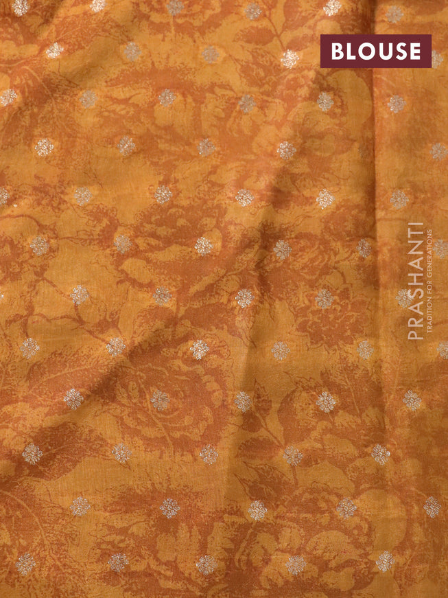 Semi mysore silk saree brown and mustard yellow with allover floral prints and zari woven butta border