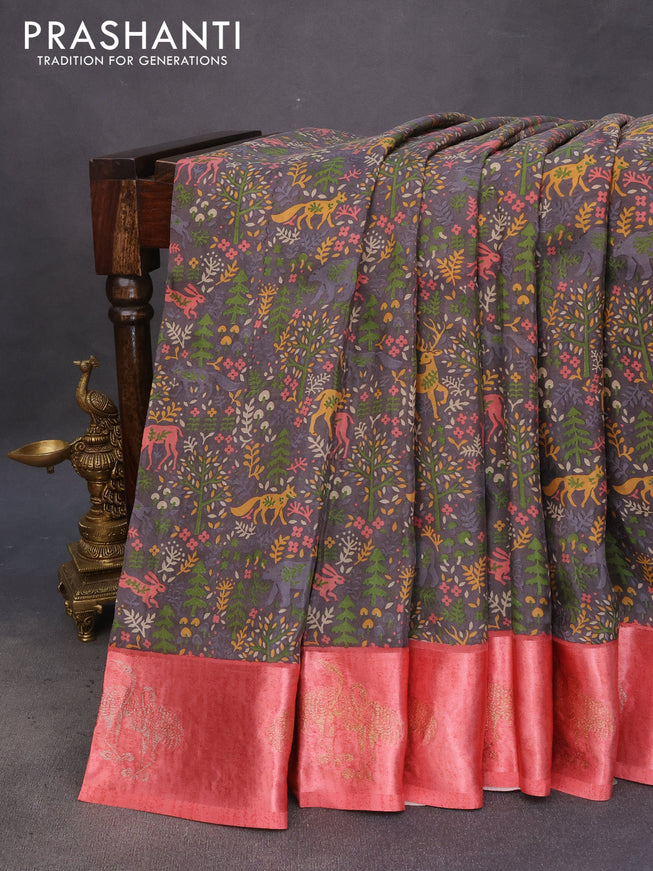 Semi mysore silk saree grey and peach pink with allover kalamkari prints and zari woven butta border