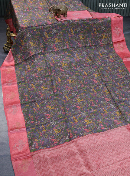 Semi mysore silk saree grey and peach pink with allover kalamkari prints and zari woven butta border