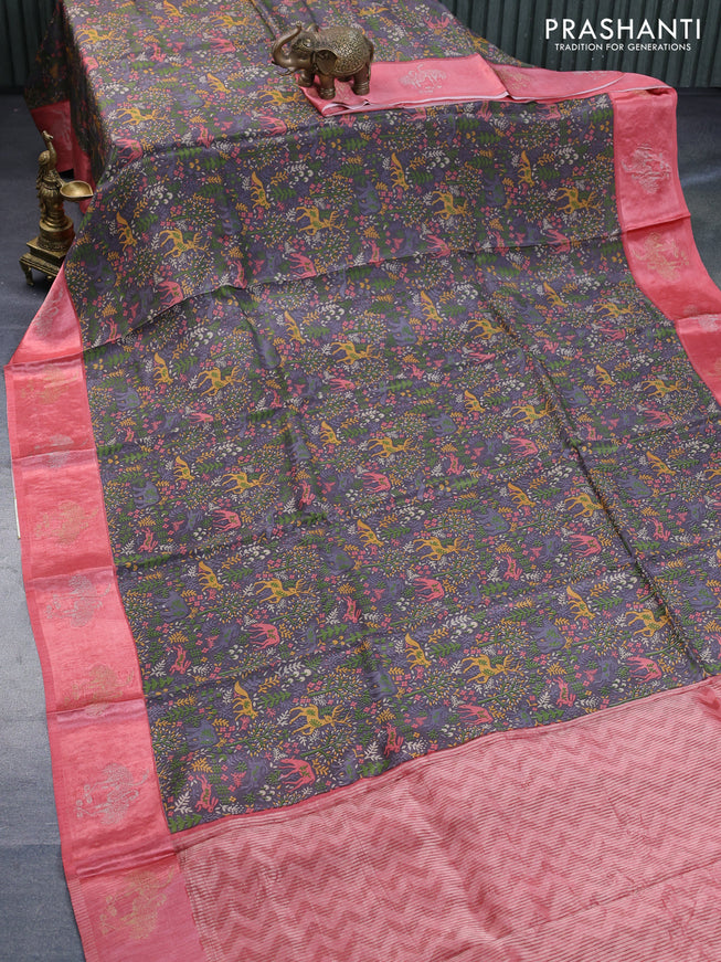 Semi mysore silk saree grey and peach pink with allover kalamkari prints and zari woven butta border