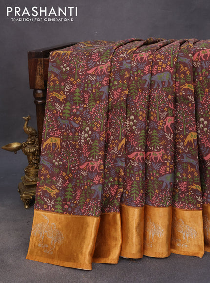 Semi mysore silk saree brown and mustard yellow with allover kalamkari prints and zari woven butta border