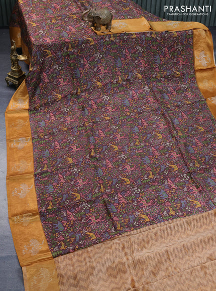 Semi mysore silk saree brown and mustard yellow with allover kalamkari prints and zari woven butta border