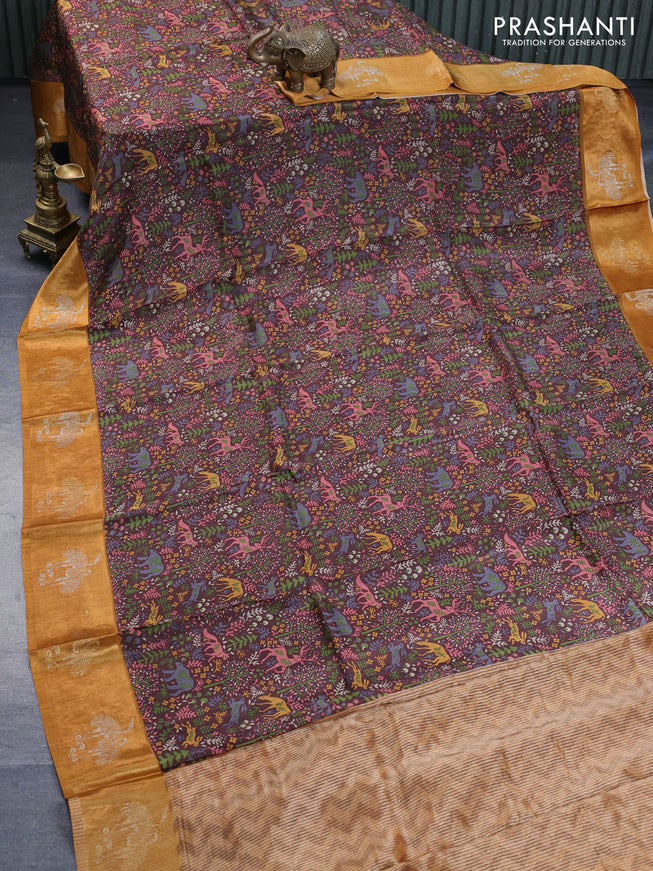 Semi mysore silk saree brown and mustard yellow with allover kalamkari prints and zari woven butta border