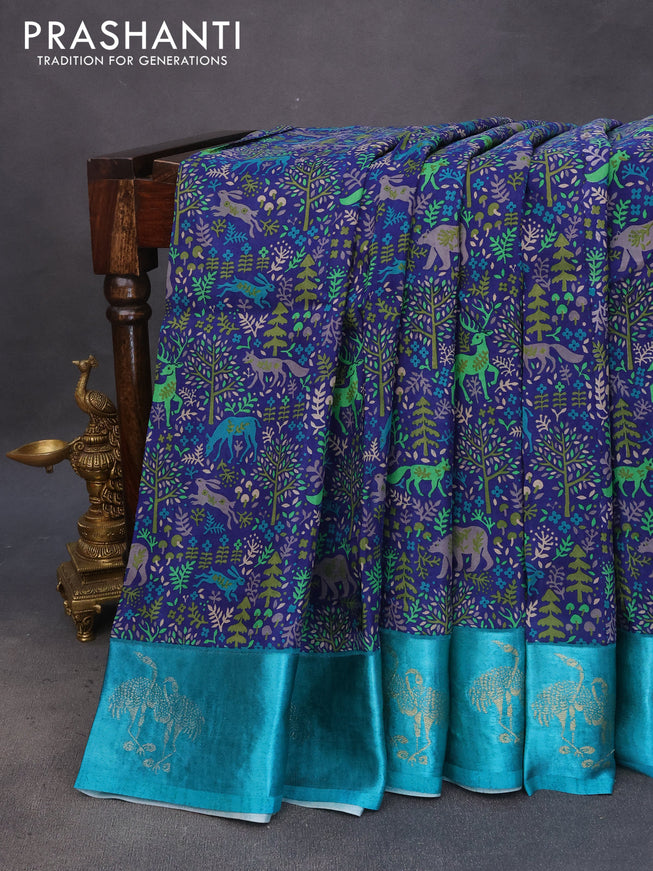 Semi mysore silk saree blue and teal blue with allover kalamkari prints and zari woven butta border