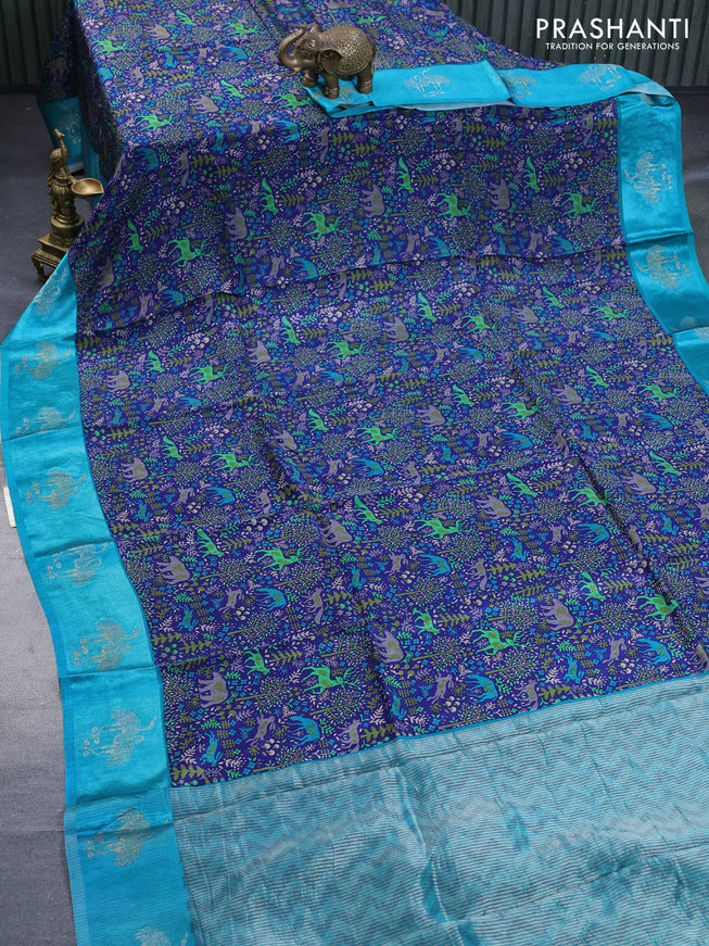 Semi mysore silk saree blue and teal blue with allover kalamkari prints and zari woven butta border