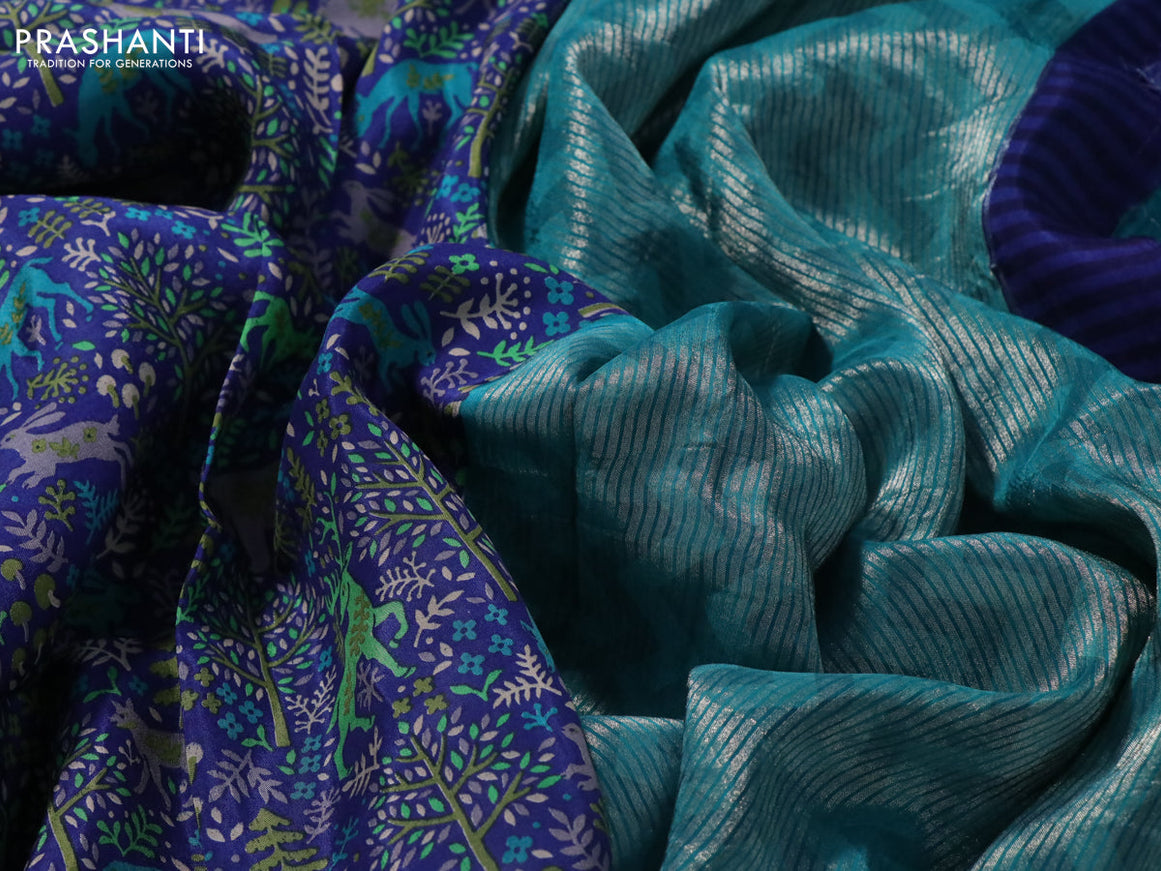 Semi mysore silk saree blue and teal blue with allover kalamkari prints and zari woven butta border