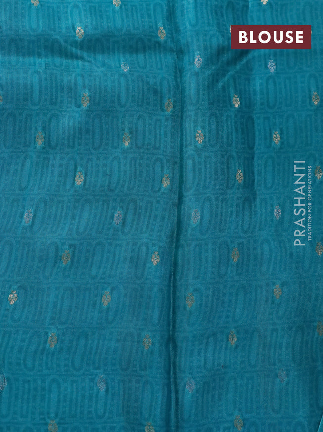 Semi mysore silk saree blue and teal blue with allover kalamkari prints and zari woven butta border