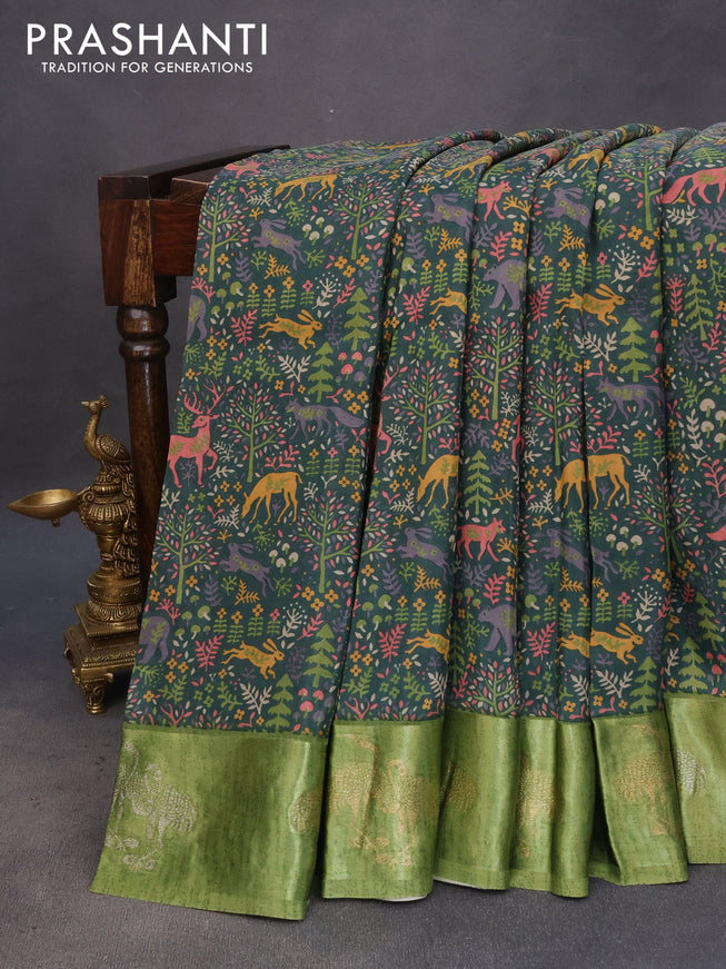 Semi mysore silk saree peacock green and green with allover kalamkari prints and zari woven butta border