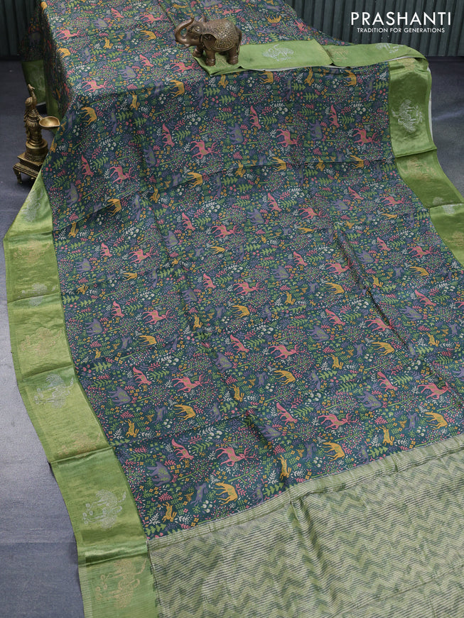 Semi mysore silk saree peacock green and green with allover kalamkari prints and zari woven butta border