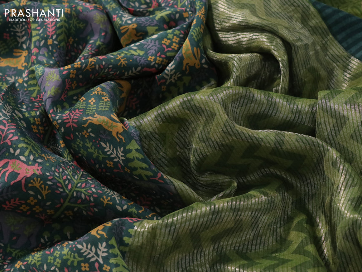 Semi mysore silk saree peacock green and green with allover kalamkari prints and zari woven butta border